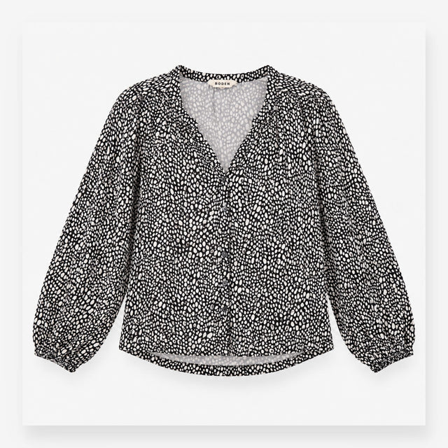 Printed Button Front Long Sleeve Blouse Black Whit