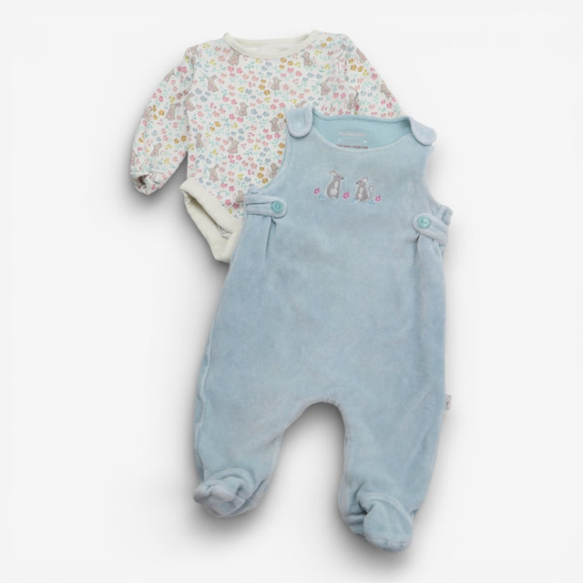 Outfit velour dungarees blue rabbits LS bodysuit f