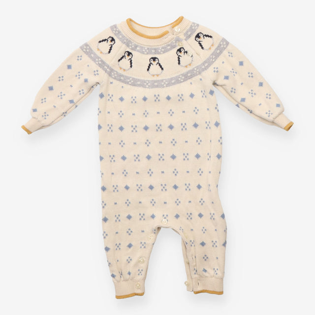 Cream knit romper with penguins