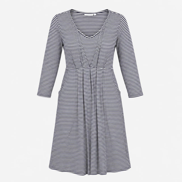 Dress Navy Blue White Stripe Long Sleeve Midi V-Ne
