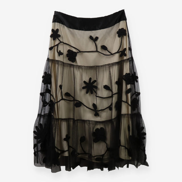 Black Crochet Flower Embroidered Mesh Midi Skirt