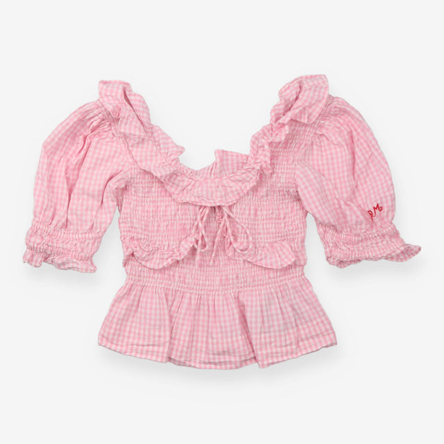 Top Pink Gingham Cropped Smocked Peplum Puff Sleev