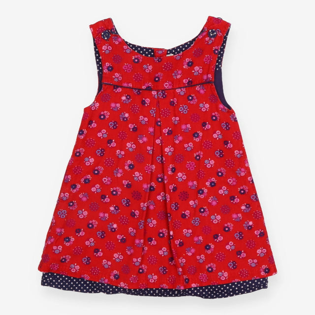 Pinafore pink flowers blue spot lining