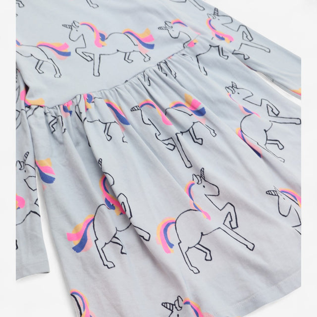 Long Sleeve Jersey Dress Blue with Rainbow Unicorn