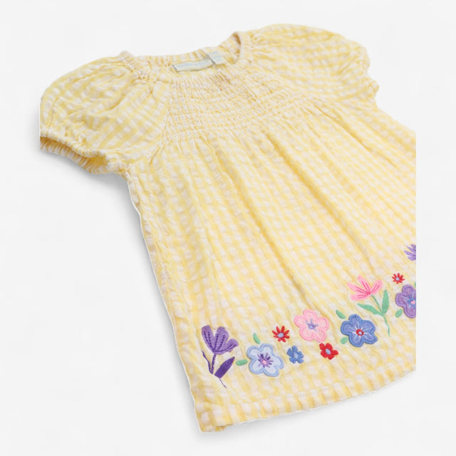 Yellow gingham smock with flowers