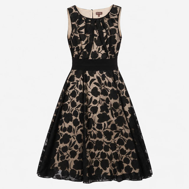 Sleeveless Midi Dress Black&Beige Burnout Floral