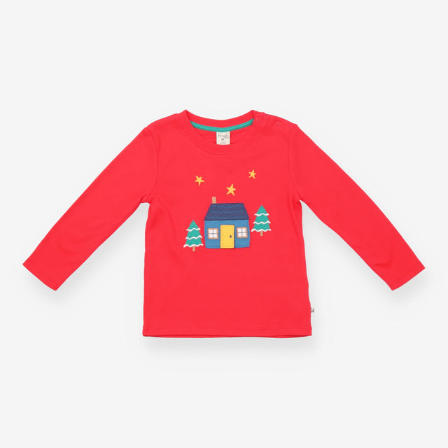T-Shirt Long Sleeve Red Winter Cottage