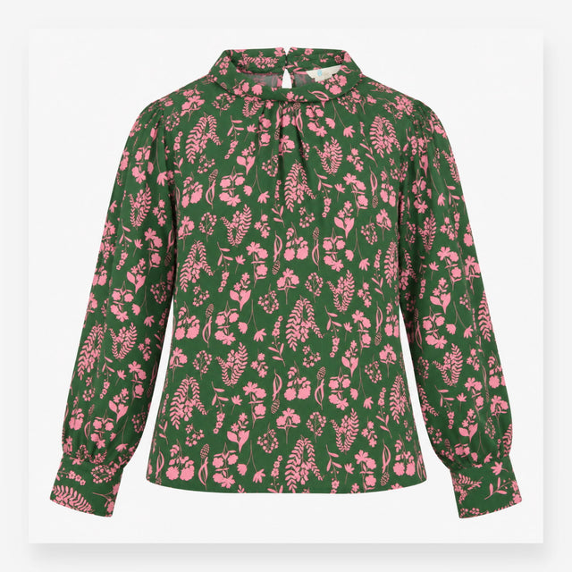 Blouse Green Pink Floral Silk High Neck