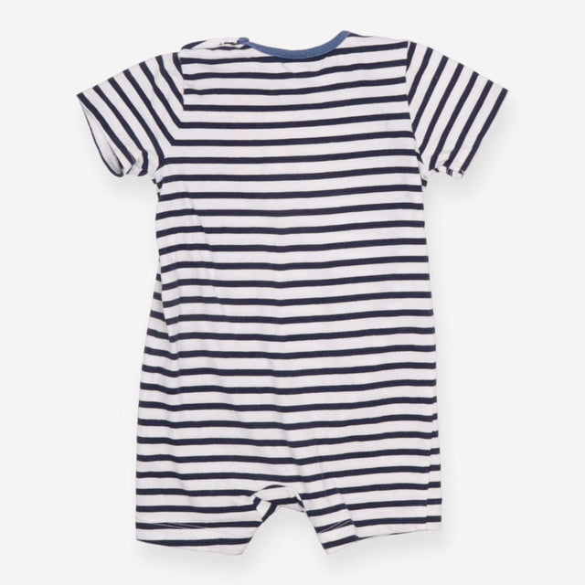 Blue and white striped tractor romper
