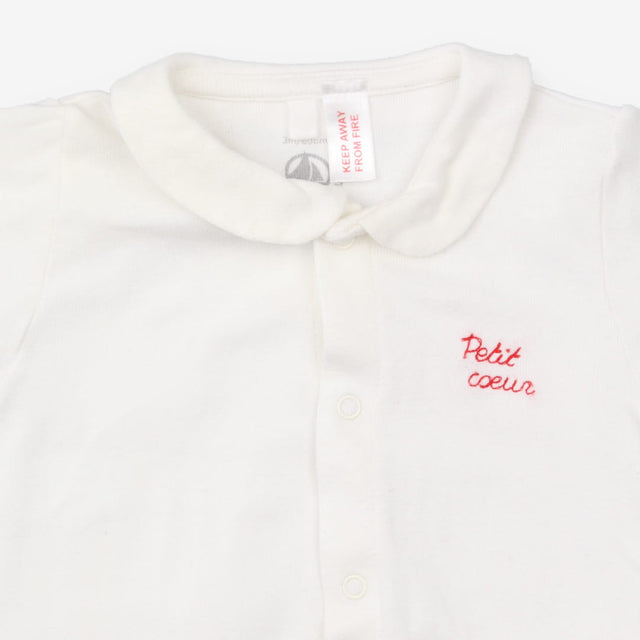 Collard Sleepsuit White Embroidered in Red 'Petit