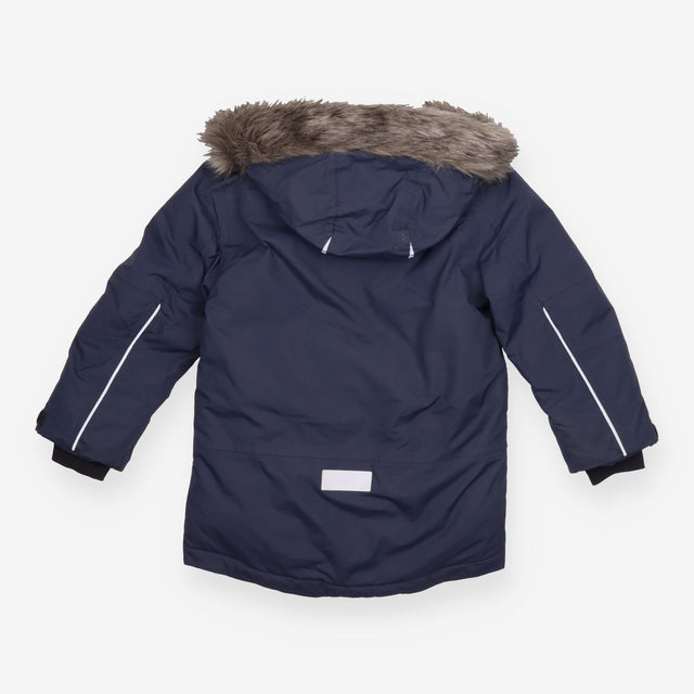 Parka navy blue fur hood grey fur lining