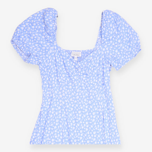 Midi Dress Blue White Floral Print Puff Sleeve Swe