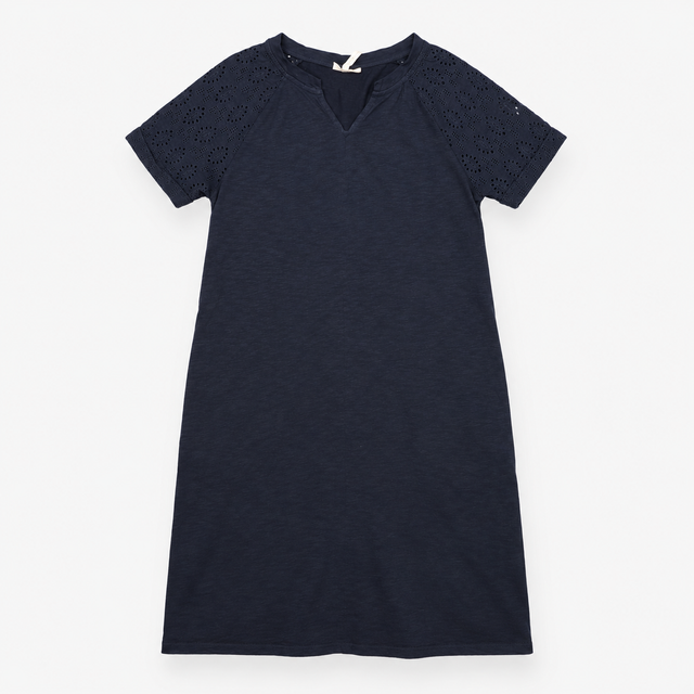 Navy Organic Cotton Broderie Sleeve T-Shirt Dress