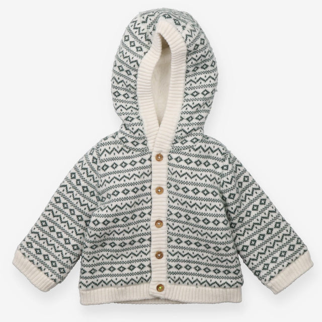 Hooded Cardigan White with Green pattern and Faux