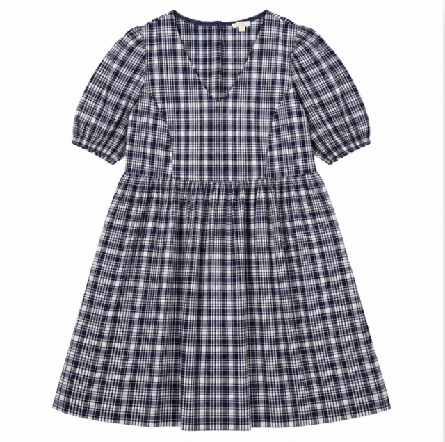 Navy & White Check Puff Sleeve V-Neck Midi Dress