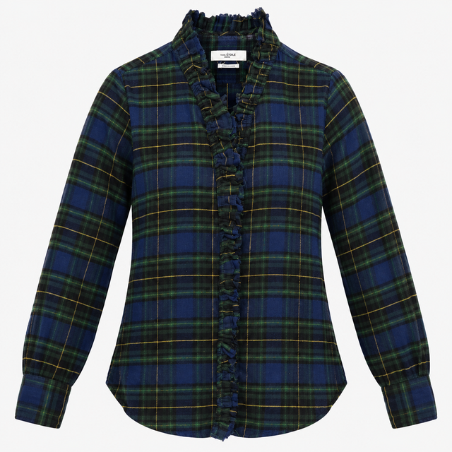 Shirt Blue Green Tartan Check Cotton Ruffle Trim