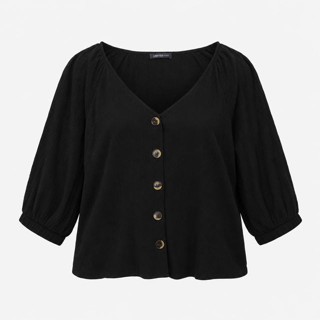 Black Crinkle Textured Modal Stretch V Neck Button
