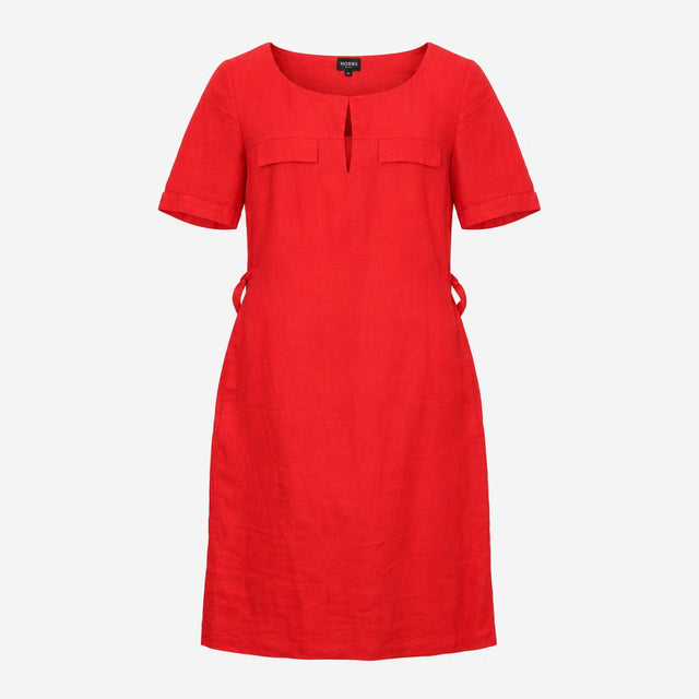 Bright Red Linen Short Sleeve Keyhole Neck Belted