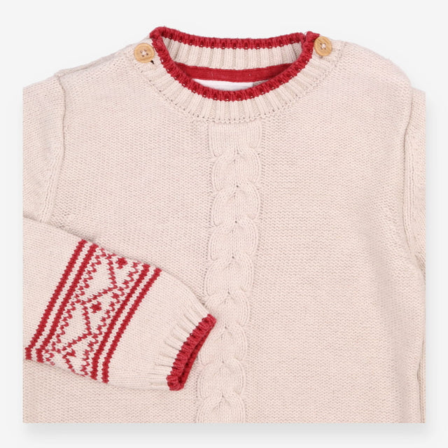 Sweater Knit White Red Aztec Sleeve