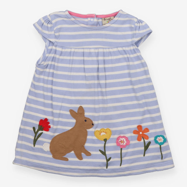 Dress SS blue white stripe brown bunny and flowers