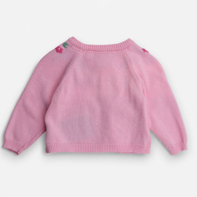 Cardigan pink wood buttons flowers geese bottom