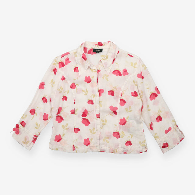 Linen Shirt Ivory Pink Floral Print Long Sleeve