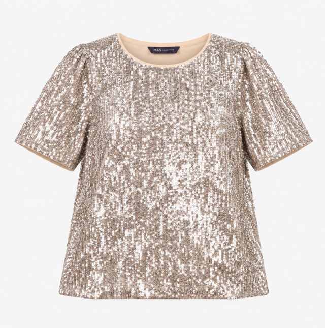 Top Sequin Short Sleeve Champagne Silver
