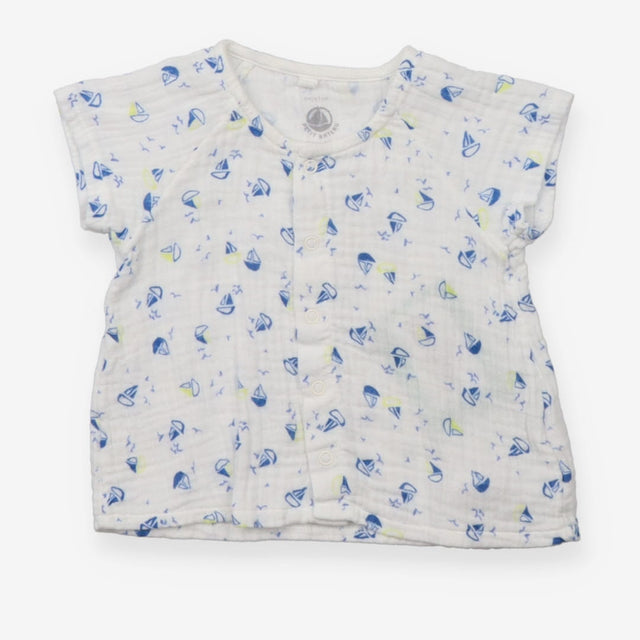 Cotton Gauze Shirt White with Blue and Yellow Boat
