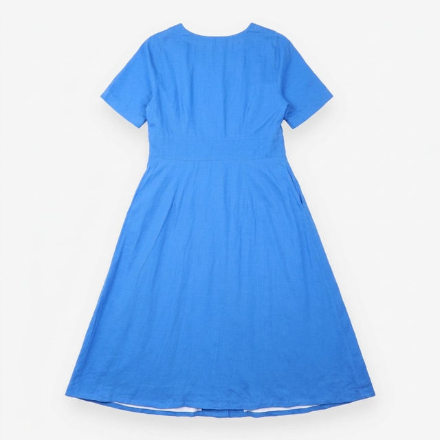 Midi Dress Linen Blend Short Sleeve V Neck Blue