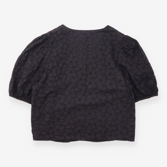 Broderie Anglaise V Neck Puff Sleeve Top Black
