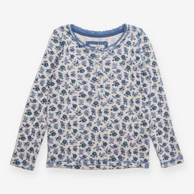 T-Shirt Long Sleeve Pointelle White Blue Floral