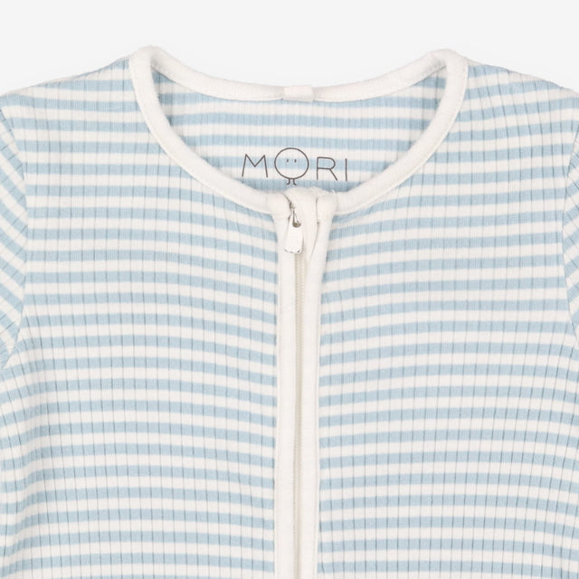 White and blue stripe ribbed zip sleepsuit