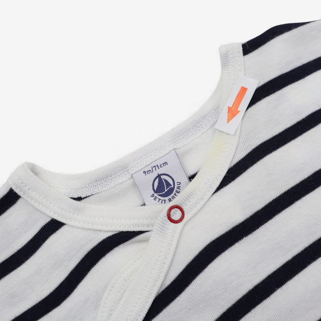 Blue and white striped sleepsuit sail boat