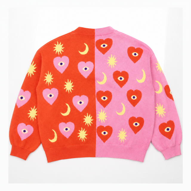 Cardigan Knit Heart Sun Moon Contrast Pink Red