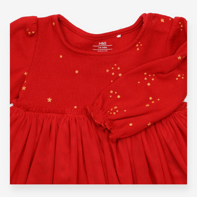 Dress red rib top LS net skirt stars