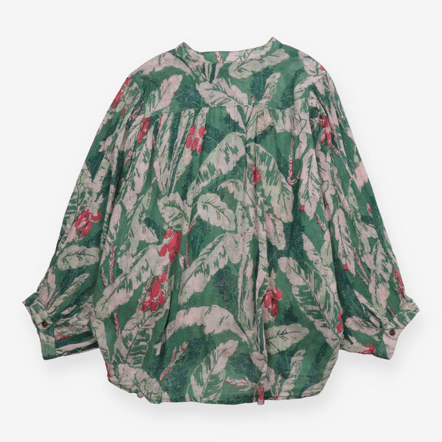 Blouse Green Tropical Floral Print Cotton Button F
