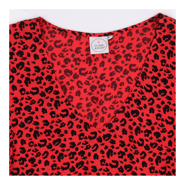 Midi Dress Red Leopard Print Tiered Puff Sleeve