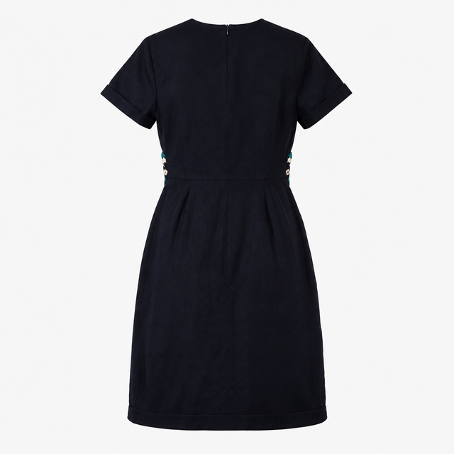Dress Navy Geometric Embroidered Linen Blend Short