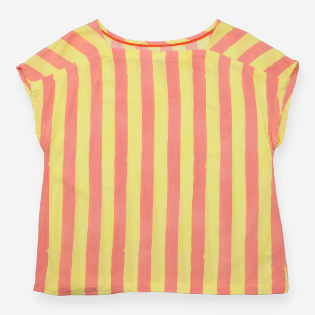 Top Coral Yellow Stripe Short Sleeve Woven
