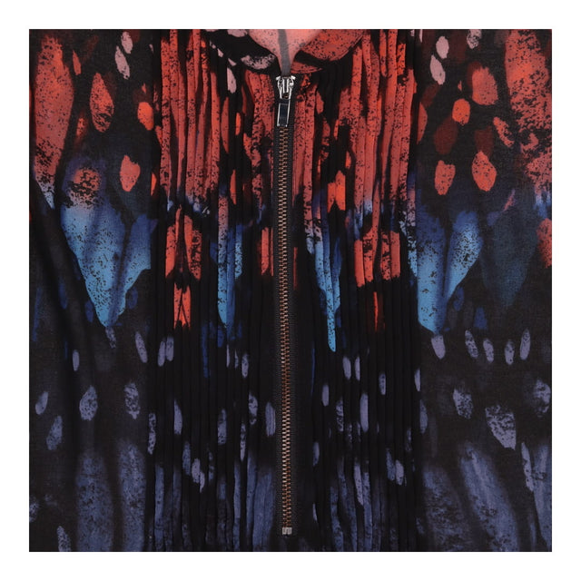 Printed Blouse Black Orange Blue Pleated Zip Front