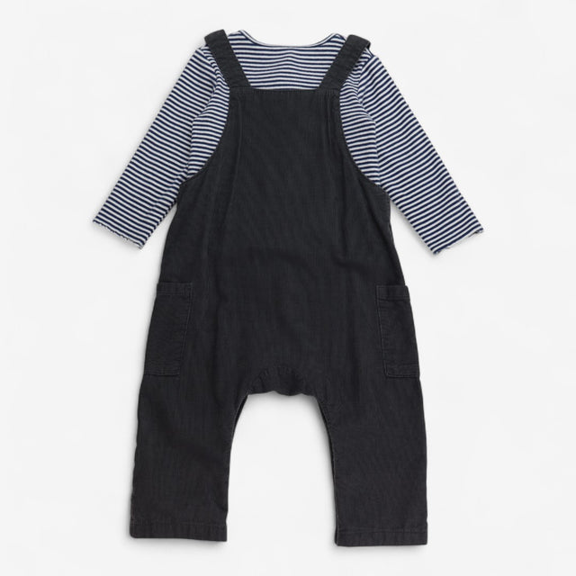 Dungaree Cord Grey Rabbit with Striped Bodysuit