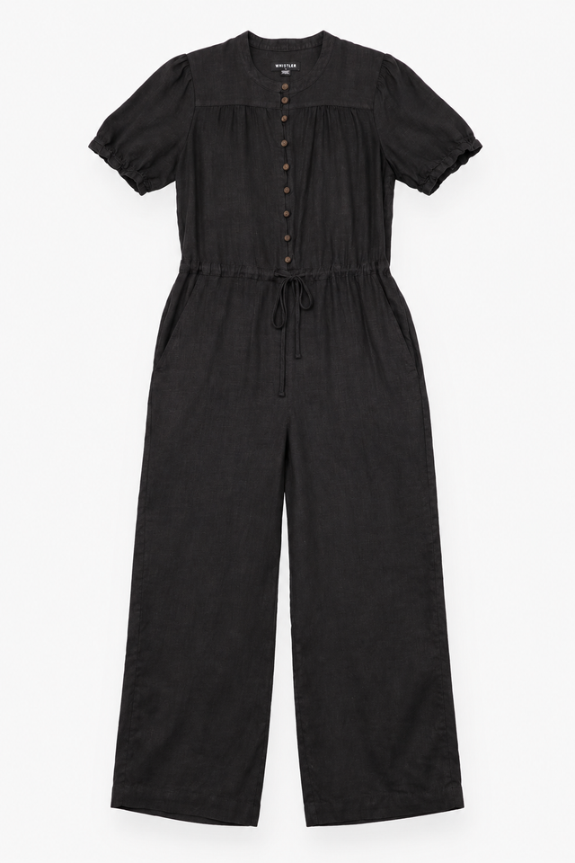 Jumpsuit Linen Short Sleeve Button Front Black