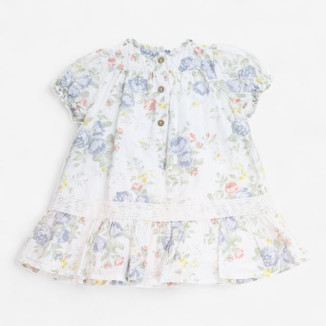 Dress White with Flowers & Lace Detail & Frill Det