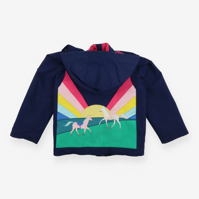 Coat Navy Pink Fleece Lined Horses in Sunset