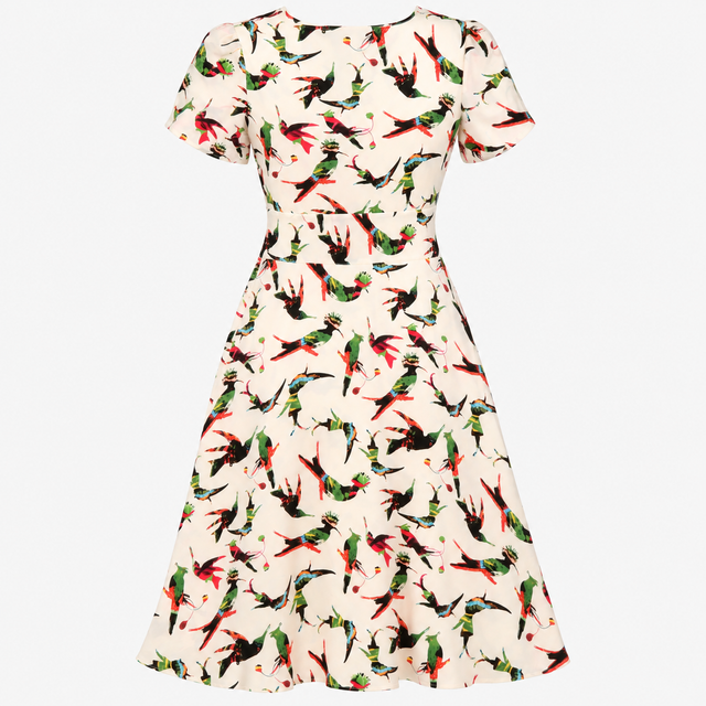 Ivory Silk Tropical Bird Print V Neck Wrap Midi Dr