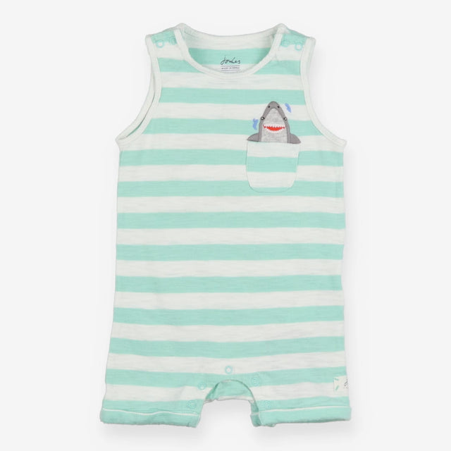 Romper Sleeveless Teal Stripe Happy Shark Pocket