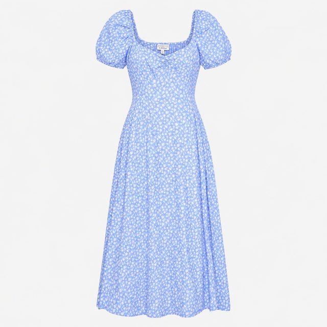 Midi Dress Blue White Floral Print Puff Sleeve Swe