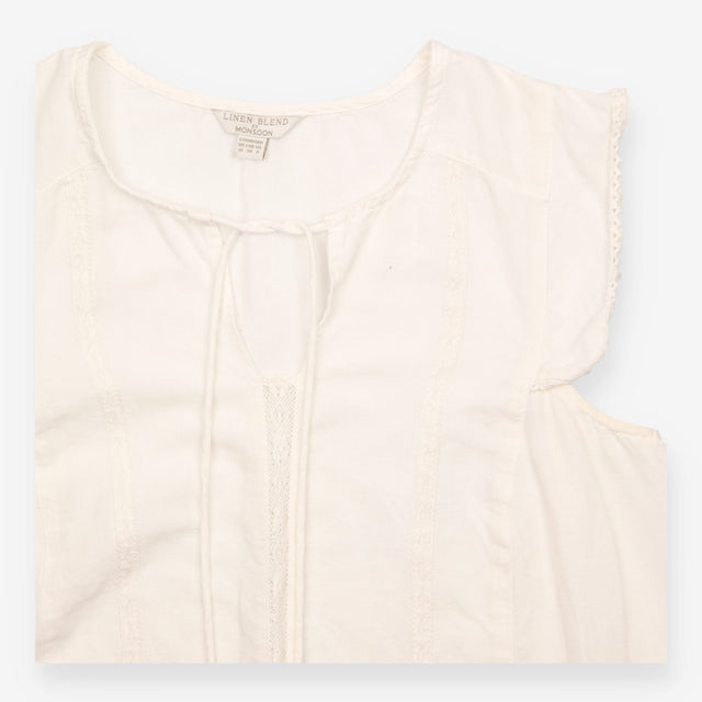 Top Sleeveless V Neck Linen Blend White Embroidere