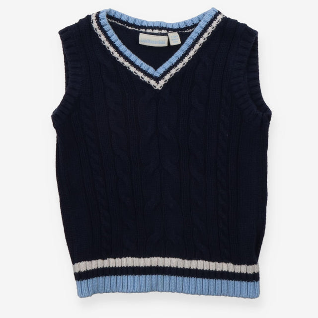 Sweater vest navy cable light blue edging