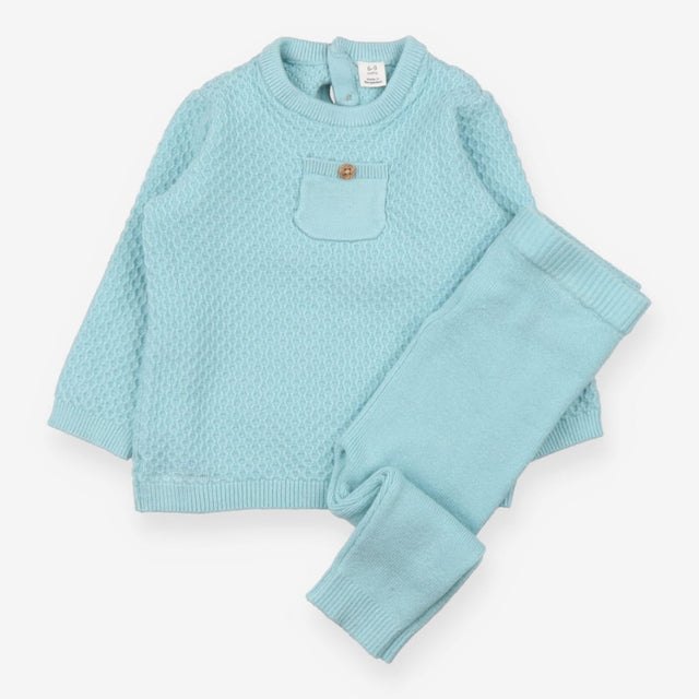 Turquoise knit sweater and jogger outfit